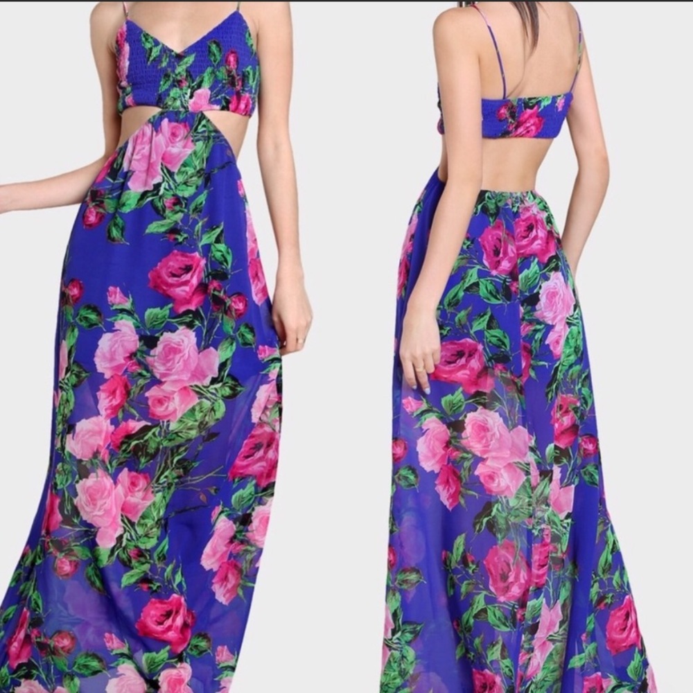 New! Floral Chiffon Ruched  Cut Out Maxi Dress